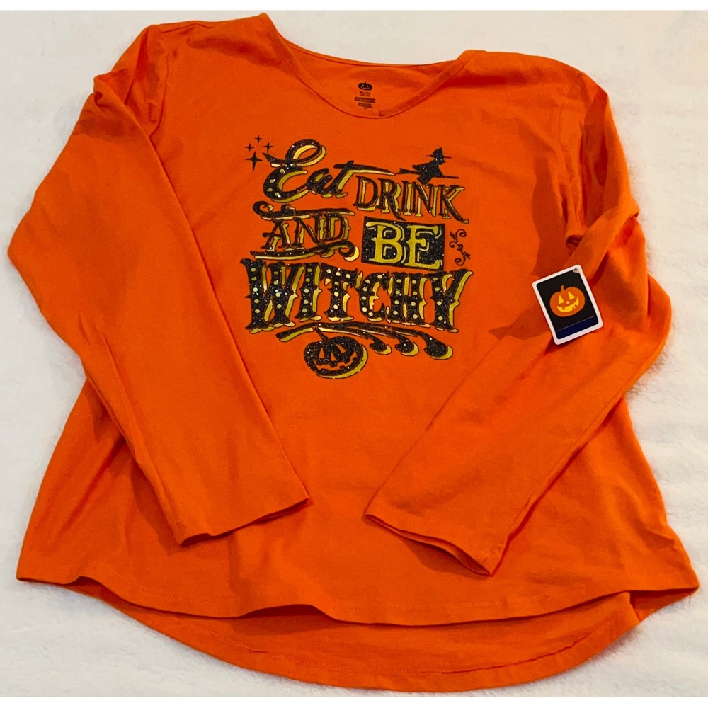 Halloween Orange Eat Drink and Be Witchy Graphic Long Sleeve Tee Shirt XL 16-18
